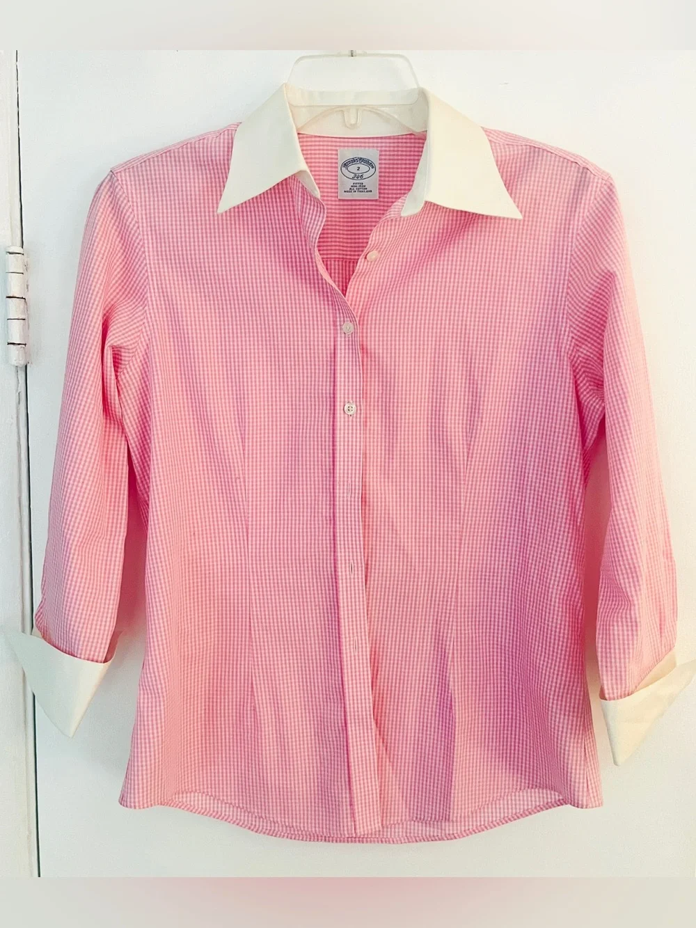 BROOKS BROTHERS Non-Iron Pink White Gingham 3/4 Sleeve Shirt 2